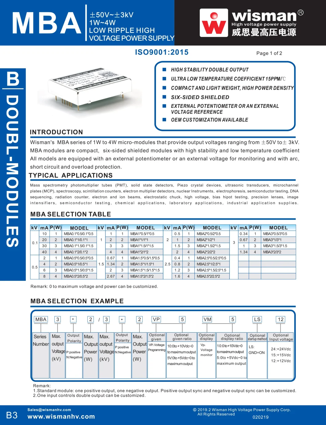 MBA Series Double modules High Voltage Power Supply For Scintillation Counters