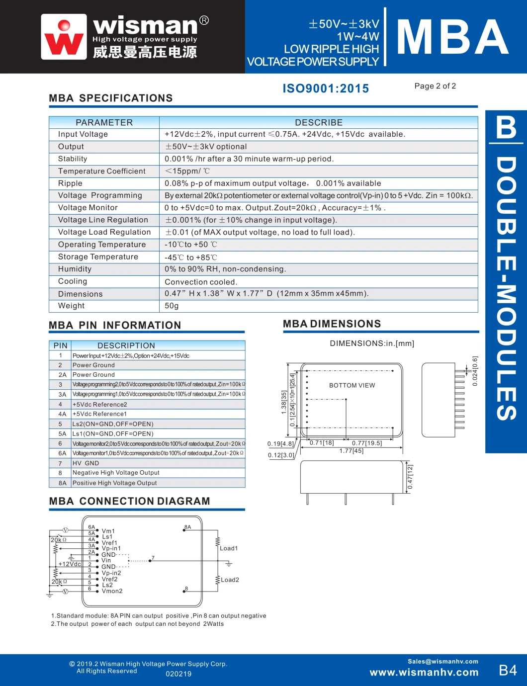 MBA Series Double modules High Voltage Power Supply For Scintillation Counters